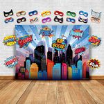 Wonder Woman and other Superheroes Cityscape Photography Backdrop, Studio Props & Mask. Great as Super Hero City Photo Booth Background – Girl Birthday Party & Event Decorations