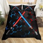 Neon Red Blue Lightsaber Duvet Cover Set Queen Size Geometric Honeycomb Bedding Set 3Pcs for Kids Girls Boys Teens Room Decor Fashion Games Comforter Cover Black 3D Hexagon Quilt Cover,2 Pillowcases