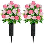 SIFOEL Artificial Cemetery Flowers with Vase, Artificial Rose Bouquet Grave Memorial Flowers for Cemetery Headstones Decoration (Pink-2Pcs)