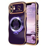 NITITOP Compatible with iPhone 11 Case Magnetic Ring Stand [Compatible with MagSafe] Cute for Women Girl Plating Wave Curly Love Heart Camera Protection Girly Phone Cover - Dark Purple