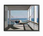 The Stupell Home Decor Blue and White Striped Hammock on The Beach House Porch Framed Giclee Texturized Art, 11 X 14, Multi-Color