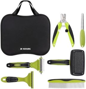 Navaris Pet Grooming Kit - 6pcs for Dog, Cat, Puppy, and Rabbit - De-shedding and De-matting Brushes, Comb, Nail Clipper, File, Slicker Brush for Dogs and Cats - With Carry Bag