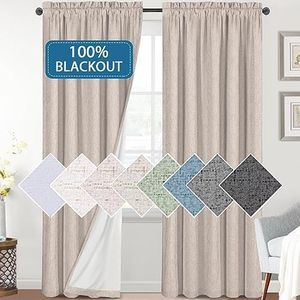 H.VERSAILTEX Linen Look 100% Blackout Curtains for Bedroom Full Light Blocking Rod Pocket Linen Textured Thick Window Curtain Drapes with White Backing, 2 Panels Set, Each W132cm x D213cm, Natural