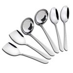 AXIOM Serving Tools Stainless Steel 6 Piece Heavy Gauge Non-Stick Set of 2 Soup Ladle (Karchi), 2 Solid Spoon (Chamcha) and 2 Rice Spoon for Serving Soup/Curry/dal/Rice/Pasta