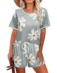 Ekouaer Women Pajama Set Casual Short Set Soft Lounge Set Grey & White Flower Medium