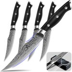 Steak Knives Set of 4, CoquusAid 4.8 Inch Fine-Edge Super Sharp Table Knives With Rest, Premium Germany Stainless Steel Damascus Pattern Ergonomic Handle, Dishwasher Safe, Elegant Black Ideal for Gift