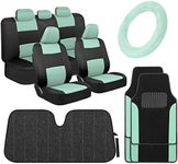 BDK PolyPro Mint Car Seat Covers for Women Gift Set Bundle - Seat Covers for Cars with Carpet Floor Mats, Fur Steering Wheel Cover and Bling Windshield Sunshade