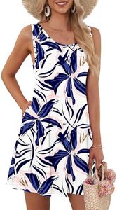 AUSELILY Women's Summer Dress Sleeveless Floral Mini Dresses with Pockets Bohemian Dress 2025 New White Blue Flower M