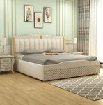 MODESTY WOODS Upholstered King Size Bed with Box Storage Wooden Double Bed Sheesham Wood Cot Palang Fabric Bed for Bedroom Living Room Home (White)