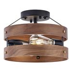 BISAMIYA Wood Flush Ceiling Light, 2-Light Metal and Dark Wood Drum, Rustic Ceiling Light Fixture Chandelier for Hallway, Kitchen, Entryway