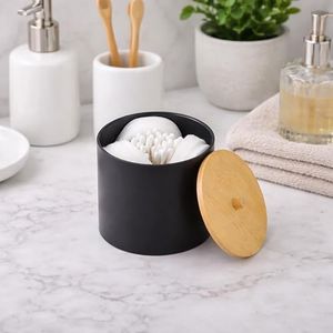 EVIDECO French Home Goods Black Cotton Pad and Q-Tip Holder Padang with Bamboo Top - Organize in Style, Bathroom Vanity Organizer
