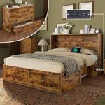 Jocisland Queen Size Murphy Bed, Farmhouse Wooden Cabinet with Charging Station and Storage Drawer for Bedroom/Office/Guest Room, Rustic Brown