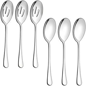 6PCS Stainless Steel Serving Spoons Set, Includes 3 Serving Spoons and 3 Slotted Spoons, Dessert Spoons Advanced Performance Skimmer, Large Serving Spoons for Buffet, Party, Banquet, Kitchen