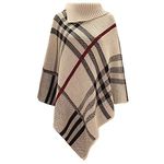 Missmister® Ladies Womens Winter High POLO NECK Knitted Tartan Check Poncho Shawl Sweater Jumper Wrap Cape - (UK 8-16) (One Size (UK 8-16), Stone)