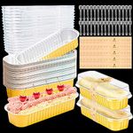 Furuising 120Pcs/30Set Mini Loaf Pans with Lids and Spoon, 200ml Aluminum Loaf Cake Cases, Reusable Foil Mini Loaf Tin, Baking Pans with 30 Stickers for Cake Bread Baking (Gold)