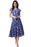Janasya Women's Blue Georgette Printed Flared Western Dress(J0431-DR-M)