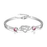 Infinity Bracelet Sterling Silver Love Heart Adjustable Bangle Bracelet with Birthstone Crystals, Friendship Wedding Anniversary Birthday Gifts for Her Women Wife Girlfriend Mum (Pink)