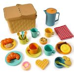 HERSITY Tea Party Set Picnic Toy, Afternoon Tea Playset with Dessert Picnic Basket and Mat, Pretend Play Food Gifts for 3 4 5 Years Kids Toddler Girls