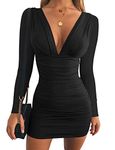 GOBLES Women's Sexy Long Sleeve V Neck Ruched Bodycon Mini Party Cocktail Dress, Black, X-Large