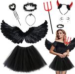 Black Angel Costume Women Girls Devil Costume Women, Angel Halloween Costume with Black Wings Angel Halo Devil Horns Fork And Tutu Skirt, Devil Accessories Women Halloween Costumes for Women Girls