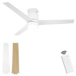 Flybull Ceiling Fan with Lights and Remote 52" Low Profile Ceiling Fan with 3 Light Colors, 6 Speeds, Timing, 3 Wood Blades Modern Flush Mount Ceiling Fans for Bedroom Indoor Outdoor Use (White)