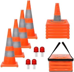 WHDZ 28 inch Collapsible Traffic Cones with LED Light Multi Purpose Pop up Reflective Safety Cones 4 Pack Orange