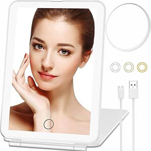 Travel Makeup Mirror with10X Magnifying Mirror Lights, Portable Light up Beauty Mirror, 3 Color Lighting, Dimmable Touch Screen, Tabletop Desk LED Foldable Cosmetic Mirror with Lights (White 10x)