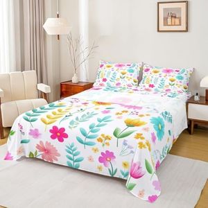 Manfei Watercolor Floral Sheet Set King Size,Botanical Flower Leaves Bedding Set,Cartoon Cute Blossom Bed Sheet Set 4pcs with Deep Pocket Fitted + Flat + 2 Pillowcases,Kids Boys Girls Room Decor