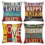 Freeas Pack of 4 Decorative Pillow Covers Love Life Pillowcases Solid Square Cushion Cover Cotton Linen Throw Pillow Covers Home Decor for Sofa Car Bedroom 18x18 Inch