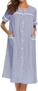 Ekouaer House Dress for Women with Pockets Button Front Duster Housecoat Short Sleeve Patio Dress Nightgown, Striped Navy, XX-Large