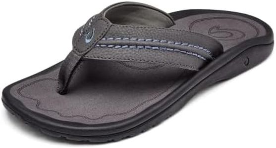 OLUKAI Hokua Men's Beach Sandals, Quick-Dry Flip-Flop Slides, Water Resistant & Wet Grip Rubber Soles, Compression Molded Footbed & Soft Comfort Fit, Pavement/Pavement, 9