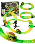 GleamKid 154PCS Rechargeable Car Track Toy Set, Glow Race Track, Flexible Car Tracks, Dinosaur Track Set Glow in The Dark, Race Train Track Toy for 3 4 5 6 7 8 Year Old Boys Gifts, 2*800mAh Batteries