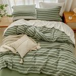 JELLYMONI Striped 100% Washed Cotton Duvet Cover Set, 3 Pieces Luxury Soft Bedding Set with Buttons Closure, Green Stripes Pattern Duvet Cover King Size(No Comforter)