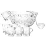 Party Essentials Plastic 8 oz. Swirled Coffee/Tea/Party Cups with Handle, Clear, 10-Count+1 Punch Bowl(8 Qt.)+1 Ladle