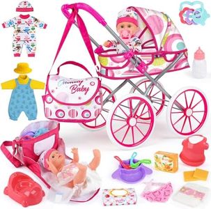 Baby Doll Stroller Toy Set with 12.5'' Doll, Diaper Changing, 2 Doll Clothes, Pacifier, Storage Bag, Baby Doll Accessories and Toy Baby Stroller for Girls Toddlers 3-5 4-6 5-7 Gifts for Pretend Play