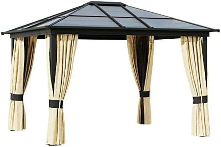 Outsunny 3 x 3.6m Polycarbonate Hardtop Gazebo with LED Solar Light and Aluminium Frame, Garden Pavilion with Mosquito Netting and Curtains