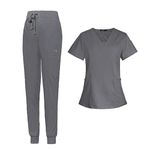 Baoblaze Female Scrub Set, Durable Short Sleeves v Neckline Top and Pants Work Clothing (M, Grey)