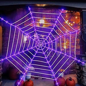Light up Lighted Spider Web 12 Ft 120 LED Halloween Spider Web Lights Giant Halloween Decorations Outdoor Waterproof for Halloween Outdoor Indoor Yard Party Haunted House Decor, Purple
