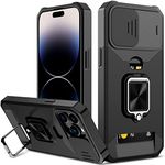 Nvollnoe for iPhone 14 Pro Max Case with Sliding Camera Cover and Card Holder Heavy Duty Protective for iPhone 14 Pro Max Case with Kickstand Ring Magnetic Phone Case for iPhone 14 Pro Max(Black)