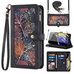 Asuwish Phone Case for Samsung Galaxy Note 9 Wallet Cover With Tempered Glass Screen Protector and Crossbody Wrist Strap Leather Flip Pattern Zipper Card Holder Stand Cell Note9 Not S9 Women Men Black