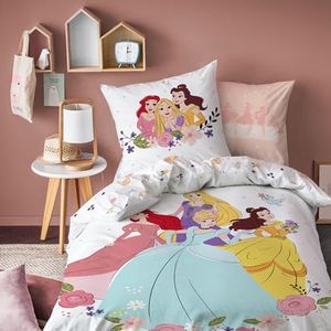 Disney Home Princesse Parure de lit imprimée Bal | 100% Coton | Oeko-TEX | Housse de Couette 1 Personne Fille 140x200 cm + Taie d'oreiller 63x63 cm | Blanc