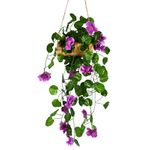 DecoreBugs Presents: Artificial Flowers with Wooden Pot, Hanging Plants, Leaves, and Creepers for Living Room Decoration, Home Decor and Beautify Your Wall (Purple) (Height 40CM)