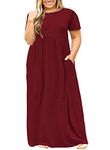 POSESHE Women Plus Size Short Sleeve Loose Plain Casual Long Maxi Dress with Pockets (Large, Wine Red)