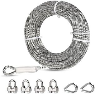 3/8" Stainless Steel Cable, 75FT Wire Rope, 7X 19 Strands Zip Line Cable with Clamps and Thimble, 12000lbs Breaking Strength, Steel Aircraft Cable for Yard Zipline, Winch Cable