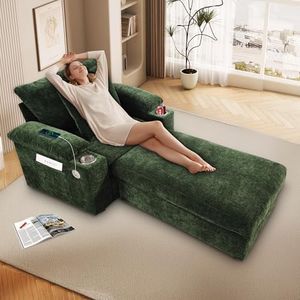 58.3" Oversized Chaise Lounge Chair Indoor with Storage and Ottoman, Sleeper Chair with USB & Cup Holder, Deep Seat Upholstered Sofa Bed, Reclining Chair for Living Room, Bedroom, Office (Green)