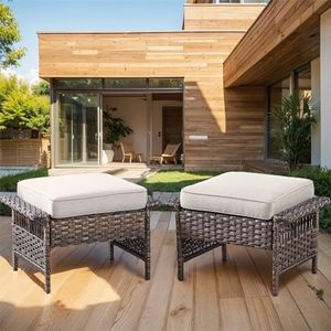 HUMMUH Outdoor Ottoman-Patio Rattan Footstool with Cushion Patio Ottoman for Deck Porch Balcony Garden-Brown/Beige