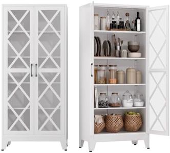 COFaR Metal Kitchen Cabinet, Pantry Storage Cabinets with 2 Door and 4 Adjustable Shelves, 71" Tall White Glass Door Food Cabinet, Freestanding Cupboard for Dining Room Living Room Bathroom