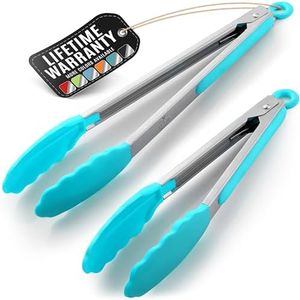 Zulay Stainless Steel Kitchen Tongs with Silicone Tips - Set of 2 (9” & 12”) Locking Cooking Tongs with Non-Slip Grip - Heat Resistant, BBQ Food Tongs for Non-Stick Cooking Pans (Silver/Aqua Sky)
