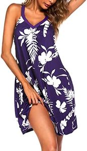 Ekouaer Womens Nightgown Sleeveless Sleepwear V Neck Racerback Sleep Dress, Leaf Purple Print, 3X-Large