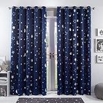 Dreamscene Galaxy Star Thermal Blackout Curtains PAIR of Eyelet Ring Top Panels Kids Boys Metallic Moon - Navy Blue, Width 66" x Drop 72"